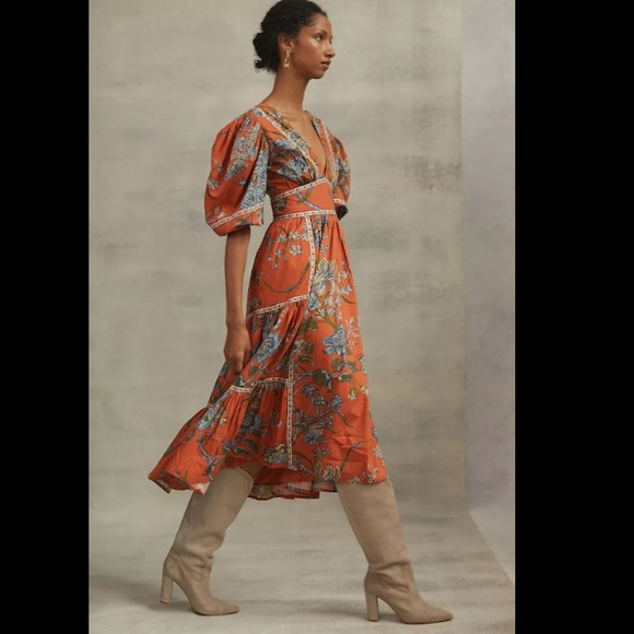 Anthropologie Love the Label Puffed Sleeves Orange Floral Tiered MIDI Dr… - Picture 3 of 13